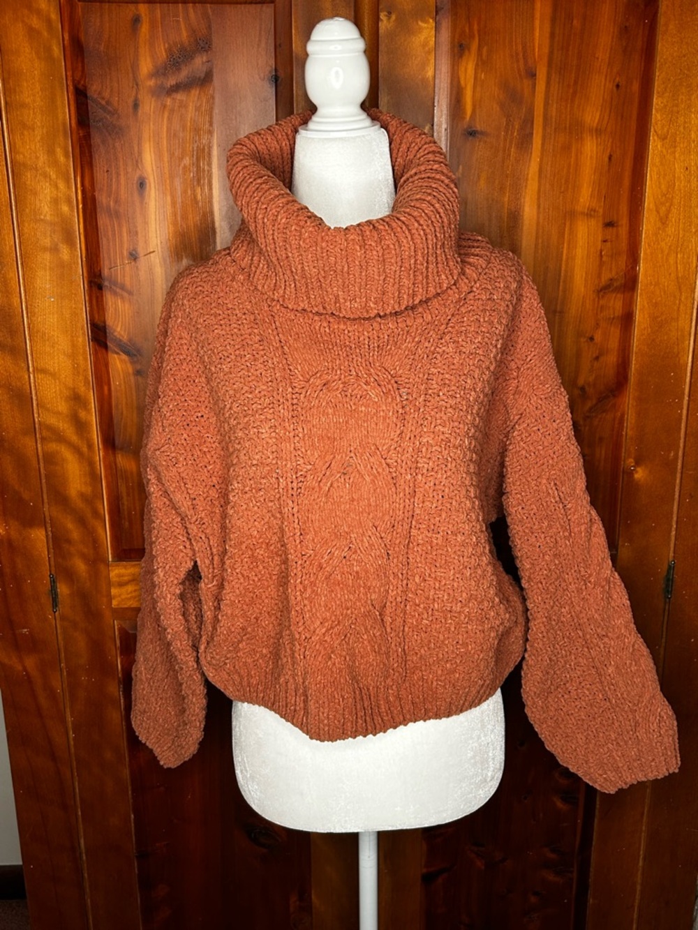 Rust Orange Chunky Cable Knit Cowl Neck Sweater Coastal Grandma Cozy Oversized